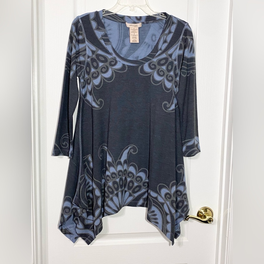 Y2K Philosophy Patterned Knit Shark Bite Tunic Top Gray Blue Medium